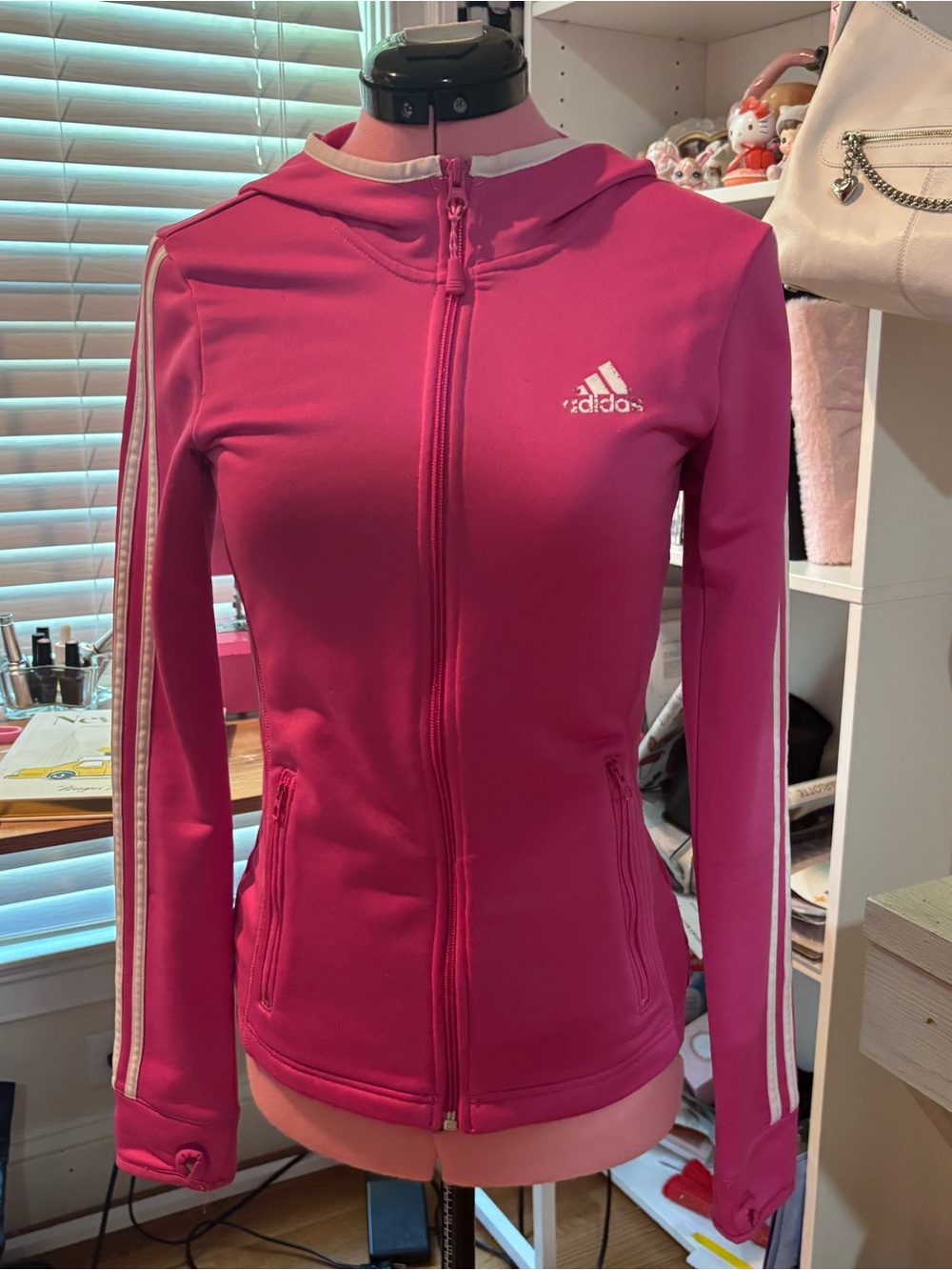 adidas Pink Full-Zip Hooded Track Jacket with White Stripes